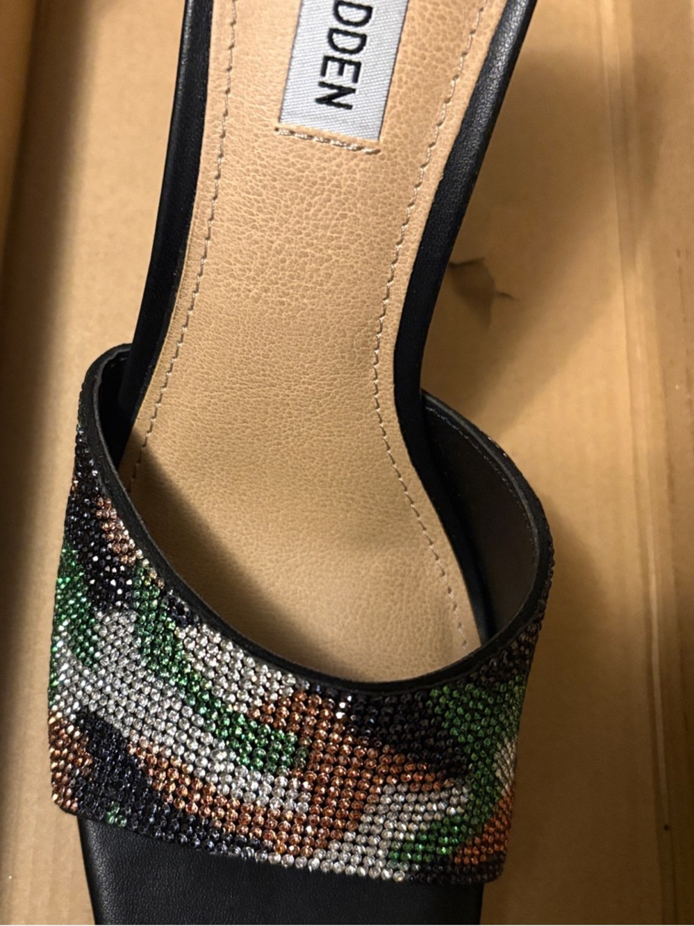 Steve Madden Signal-R CamouflageBlack Slide Sandal with Multicolor Crystal Strap